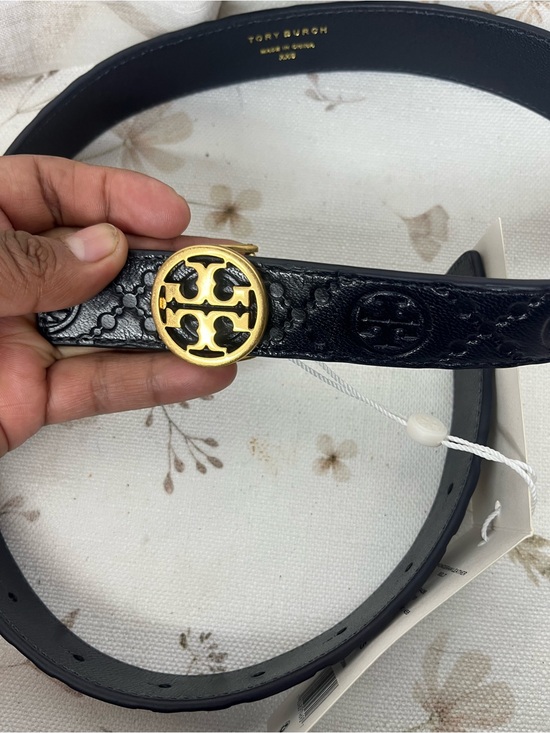 Tory Burch Navy Embossed Leather Double-Wrap Belt with Gold Logo main image 6